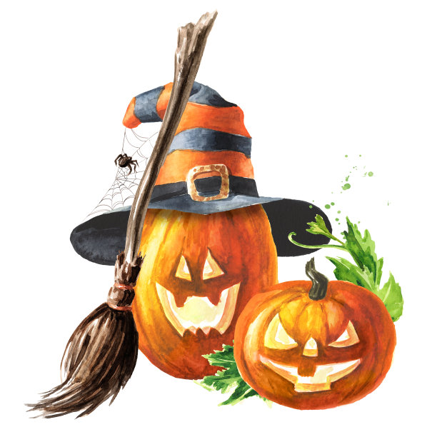 万圣节的南瓜帽，头上有杰克灯，有蜘蛛网和女巫扫帚。手绘水彩插图，孤立在白色背景图片下载