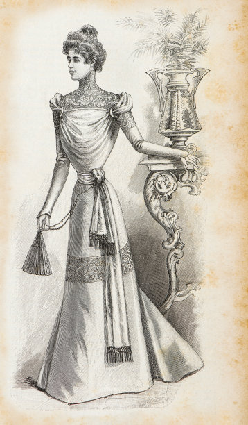 女人穿着复古连衣裙仿古时尚雕刻法国巴黎图片下载