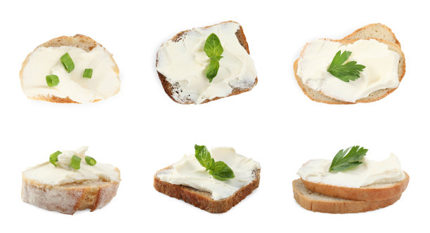 白色背景上有奶油芝士的面包。旗帜设计图片下载