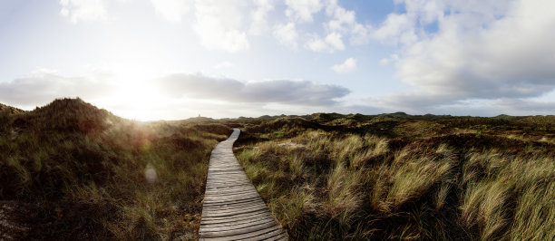 海岸草地景观的垂直方向的照片。通往远处灯塔的木板路。图片下载