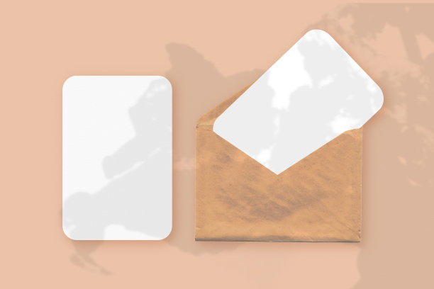 在橘色桌子背景上用两张有纹理的白纸在信封上覆盖植物阴影的模型。水平方向图片下载