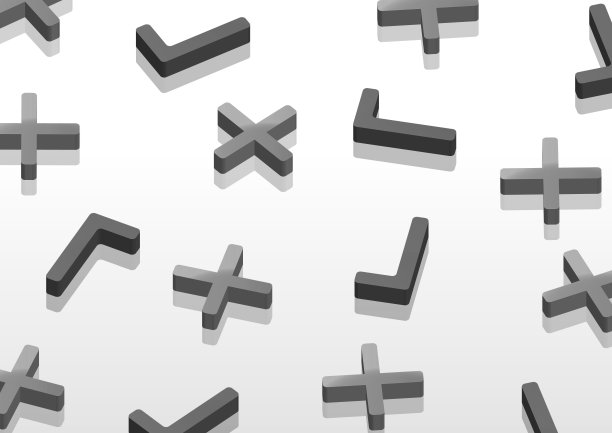 一幅单色插图，随机排列三维检查标记和十字标记图片下载