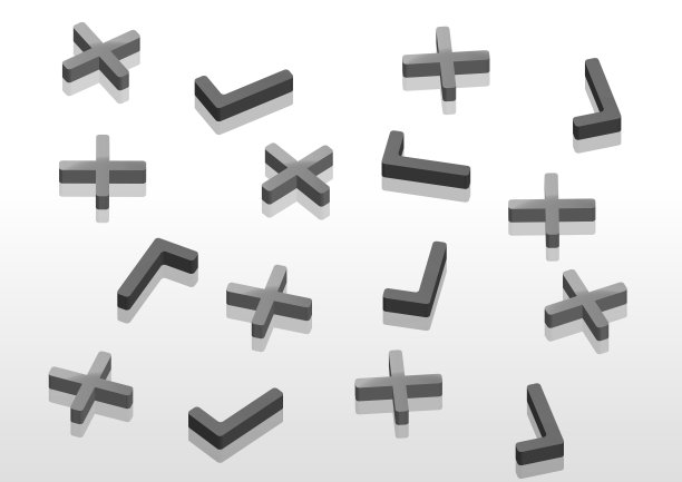 一幅单色插图，随机排列三维检查标记和十字标记图片下载