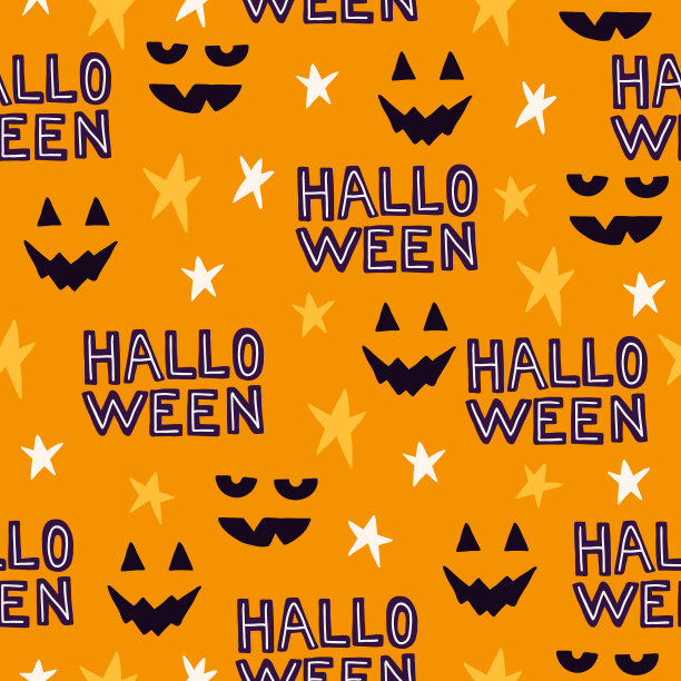 万圣节无缝图案与可怕的面孔，星星和字母图片下载