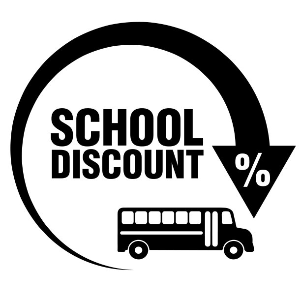 学校折扣图标与圆形箭头和校车。图片下载