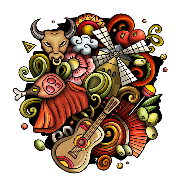 西班牙手绘卡通涂鸦插图图片下载