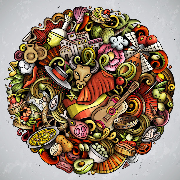 西班牙卡通矢量涂鸦插图。图片下载