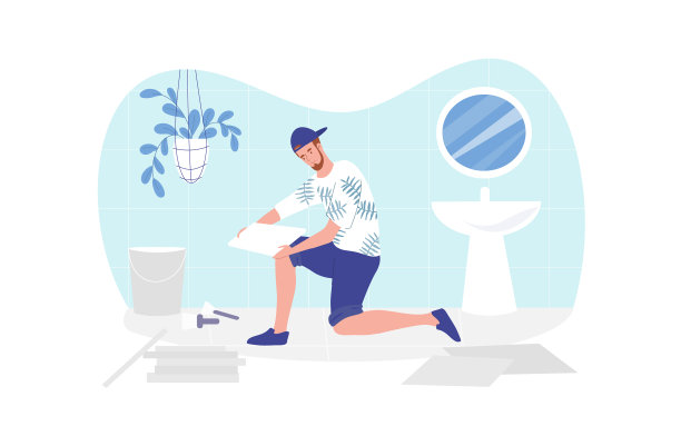 男能工巧匠在卫生间里做地板图片下载