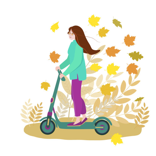 在秋天的背景下，一个戴眼镜的漂亮女孩骑着滑板车。秋季活动休闲和散步的概念。平面风格的矢量插图。图片下载