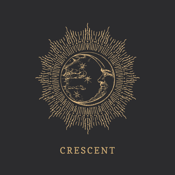 光晕里的新月，手工雕刻的风格。矢量图形复古插图。神秘和神秘符号的经典仿制品。图片下载