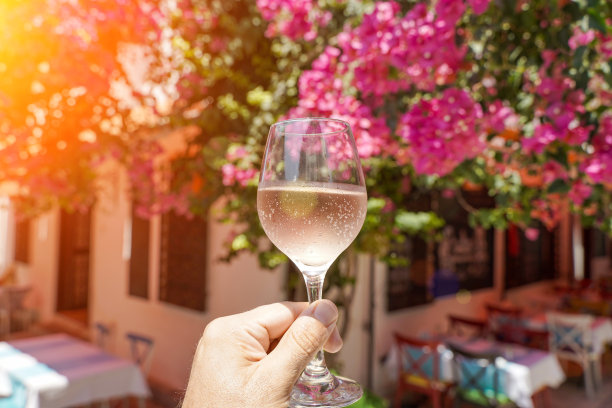 手里拿着一杯酒。夏日阳光下，地中海海滨旅游小镇的夏日咖啡馆里，一杯新鲜的玫瑰红葡萄酒映衬着夏日的阳光。夏日，旅行，生活方式，放松，享受的概念。图片下载