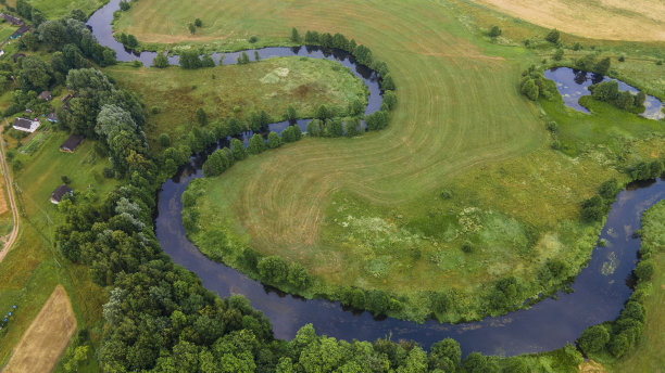绿色田野中蜿蜒河流的空中景观，从无人机上俯瞰美丽的自然背景，带有复制空间的季节性夏季景观。图片下载