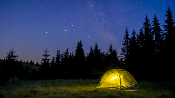 在繁星点点的天空下，在森林中央的草地上搭帐篷，浪漫的景色。图片下载