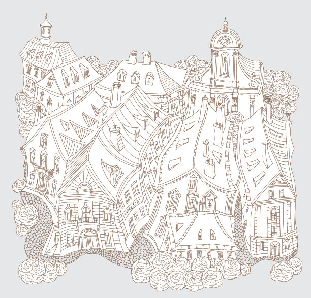 向量棕色和米色勾勒出奇幻的风景，童话般的小镇中世纪建筑。T恤打印。成人涂色书页，旅游手册图片下载