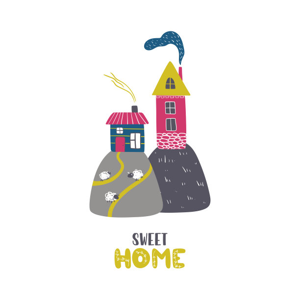 手绘流行的矢量插图与颜色房子。甜蜜的家。刻字。可爱的老村庄。山上的幼稚之城。平面设计。山上的房子。斯堪的纳维亚风格的建筑图片下载