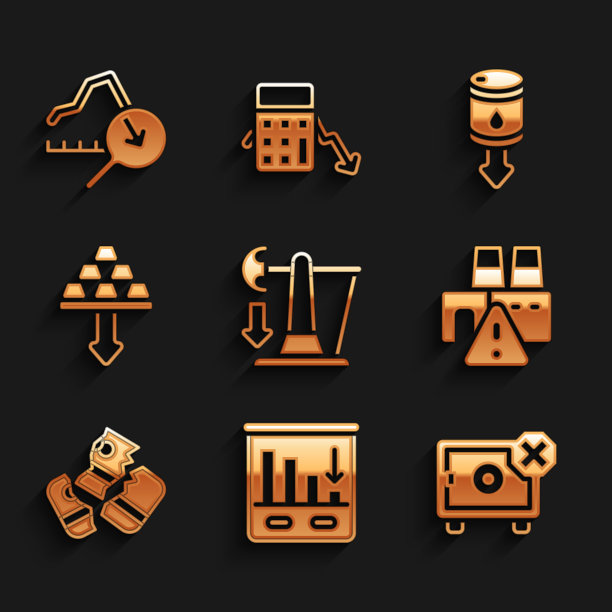 设置原油价格下跌，饼图信息图，安全，工厂关闭，信用卡，金条，全球经济危机图标。向量图片下载