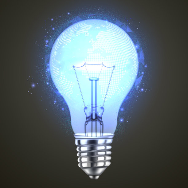 现实的蓝色灯泡光和蓝色地球仪孤立在黑暗的背景。矢量插图。图片下载