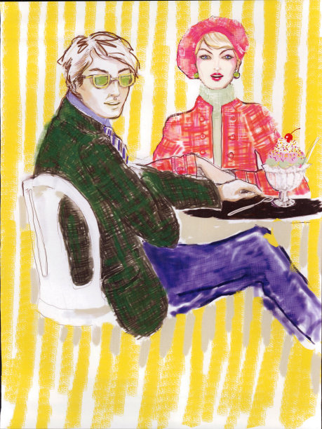 一对时尚的夫妇坐在咖啡馆里享用完美的冰淇淋圣代。图片下载