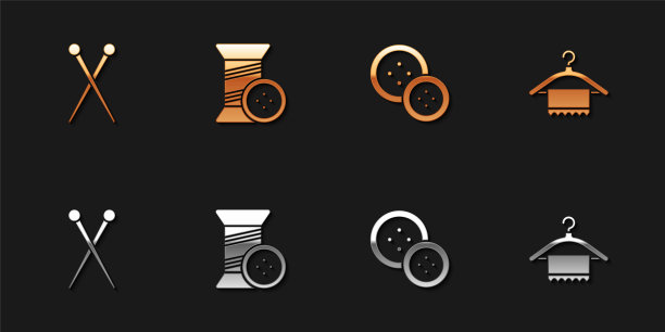 集针织针，缝纫线和纽扣，衣架衣柜图标。向量图片下载