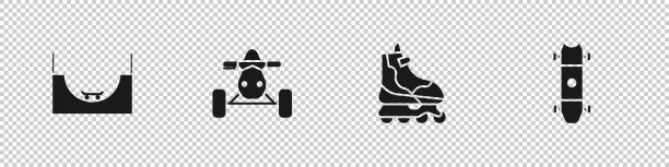 集滑板公园，ATV摩托车，旱冰鞋和长板滑板图标。向量图片下载