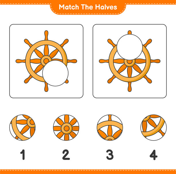 匹配的部分。匹配两半舵轮。教育儿童游戏，可打印的工作表，矢量插图图片下载