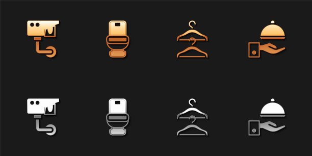 设置安全摄像头，抽水马桶，衣架衣柜和覆盖托盘图标。向量图片下载