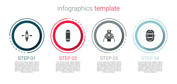 设置皮艇或独木舟，滑板技巧，雪地摩托和漂流船。业务信息模板。向量图片下载