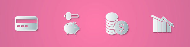 设置剪纸信用卡，小猪储蓄罐和锤子，硬币与美元和金融增长减少图标。纸艺术风格。向量图片下载