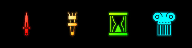 设置匕首，火炬火焰，老沙漏与沙和古代柱图标。向量图片下载