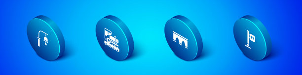 设置等距火车站钟，火车桥，咖啡馆和餐馆的位置和老式机车图标。向量图片下载