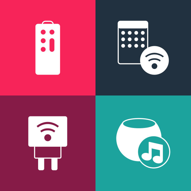 设置流行艺术语音助手，智能插座，空气加湿器和遥控器图标。向量图片下载