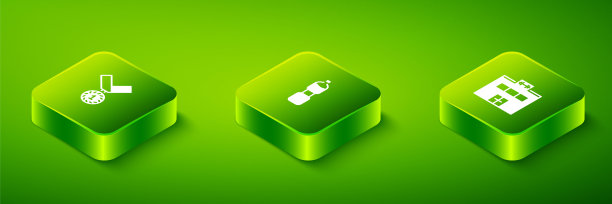 设置等距水瓶，体育馆建筑和奖章图标。向量图片下载