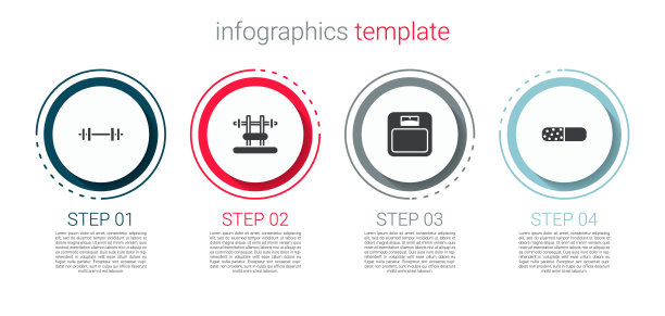 设置杠铃，长凳与杠铃，浴室秤和维生素丸。业务信息模板。向量图片下载
