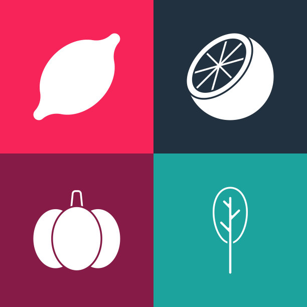 设置流行艺术菠菜，南瓜，橘子水果和柠檬图标。向量图片下载