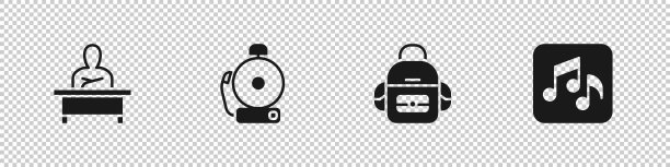 设置男生坐在课桌前，铃声，书包和音乐笔记，音调图标。向量图片下载