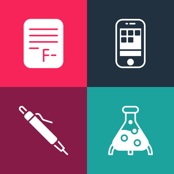 设置有错误答案图标的流行艺术试管和烧瓶，钢笔，智能手机和试卷。向量图片下载
