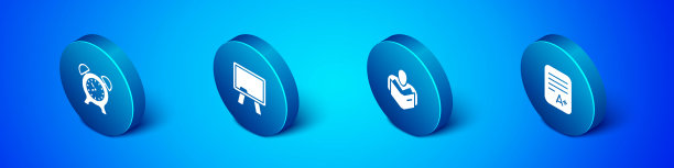 设置等距闹钟，男士阅读书，考卷加分数和黑板图标。向量图片下载