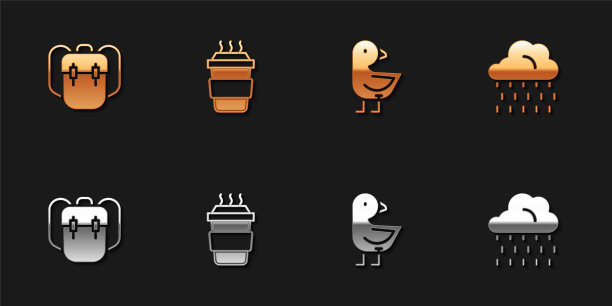 Set School backpack, Coffee cup to go, Little chick and Cloud with rain icon。向量图片下载