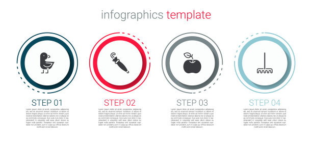 小鸡，伞，苹果和花园耙子。业务信息模板。向量图片下载