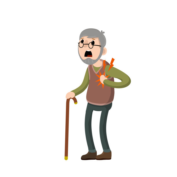 心脏病发作。老人的健康。老年人心力衰竭。中风的象征。品格把他的手放在胸前。卡通平面插图。问题和疾病。痛点和疼痛图片下载