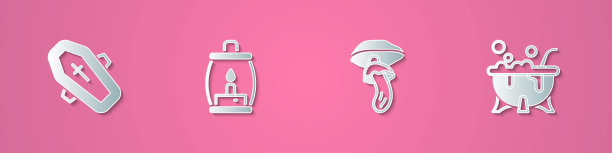 剪纸棺材与十字架，野营灯笼，裸盖菇和万圣节女巫大锅图标。纸艺术风格。向量图片下载