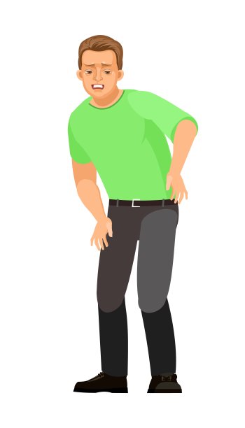 人生病了。背痛。小的回来。年轻的帅哥。伤心。穿着牛仔裤和t恤。痛苦的。单身值得一试。卡通平的风格。插图被孤立在白色背景上。向量图片下载