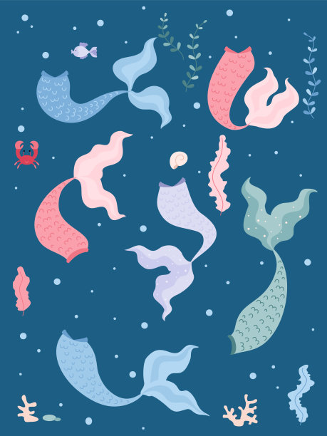 设计美丽的矢量海报与彩色美人鱼的尾巴图片下载