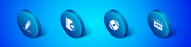 设置等距铅笔与橡皮擦，美式足球，黑板和有声书图标。向量图片下载