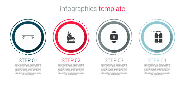 设置长板或滑板，溜冰鞋，橄榄球和水浪。业务信息模板。向量图片下载