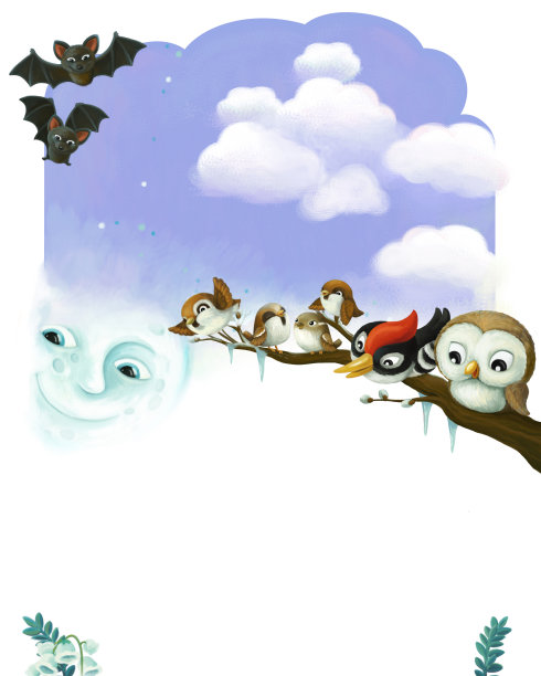 卡通页框架夜景与动物鸟类插图图片下载