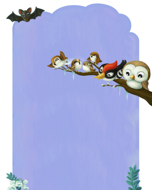 卡通页框架夜景与动物鸟类插图图片下载