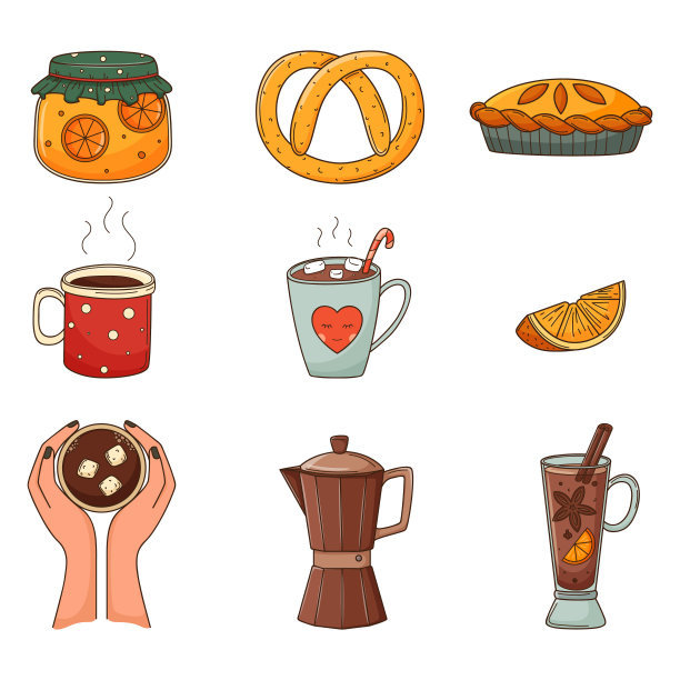 一组彩色涂鸦。热饮，果酱，椒盐卷饼，咖啡，可可，咖啡壶，热葡萄酒秋天的装饰元素与笔画和填充。矢量插图孤立一个白色。图片下载