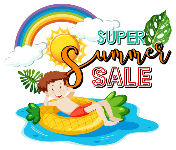 超级夏季大甩卖的横幅上有一个男孩躺在游泳圈上图片下载