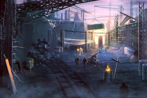 数字插图的未来科学小说工业露营现场黄昏日落图片下载